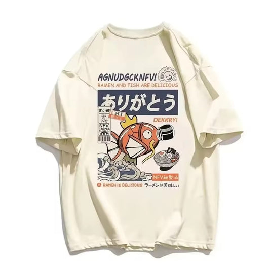 Men's T-shirt Magikarp Printed T-shirt Short Sleeve Summer Japanese Kanji Funny Fish Street T-Shirt Oversized Tee Men Clothes